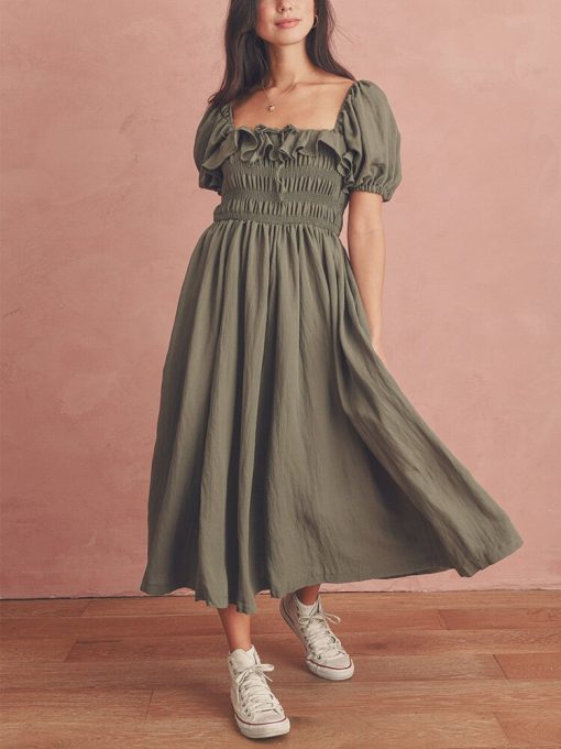 New Summer Puff Sleeve Solid Casual DressDressesmainimage0Summer-Dress-For-Women-Clothing-2022-Ruffle-Trim-Square-Neck-Tie-Elegant-Vintage-Midi-Dress-Short