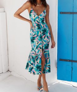 Women’s Tropical Print Vacation Hem DressDressesmainimage0Summer-Dresses-2022-Women-Tropical-Print-Vacation-Beach-Dress-Spaghetti-Strap-Ruffle-Hem-Buttons-Front-Slit