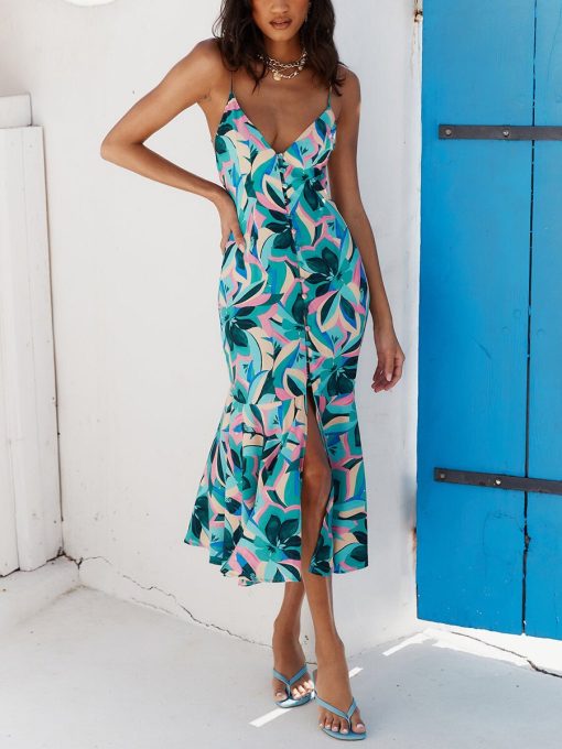 Women’s Tropical Print Vacation Hem DressDressesmainimage0Summer-Dresses-2022-Women-Tropical-Print-Vacation-Beach-Dress-Spaghetti-Strap-Ruffle-Hem-Buttons-Front-Slit