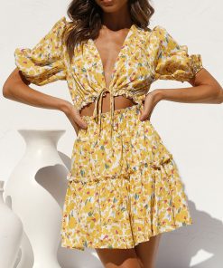 Puff Sleeve Floral Print Summer DressDressesmainimage0Summer-Dresses-For-Women-2022-Short-Puff-Sleeve-Floral-Print-Beach-Dress-Deep-V-Neck-Tie
