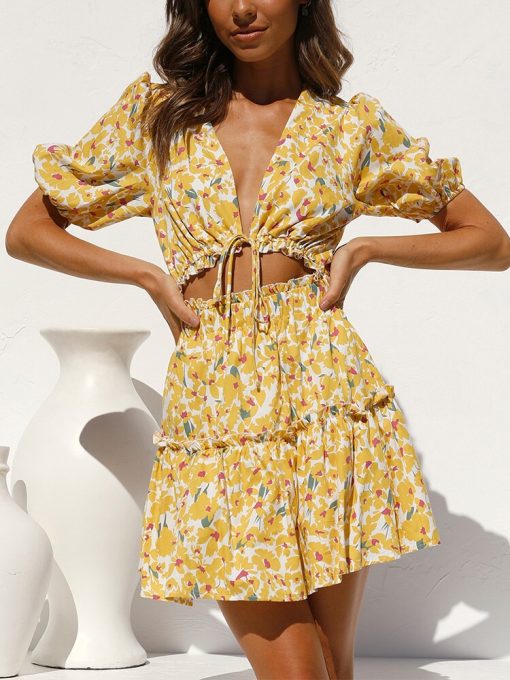 Puff Sleeve Floral Print Summer DressDressesmainimage0Summer-Dresses-For-Women-2022-Short-Puff-Sleeve-Floral-Print-Beach-Dress-Deep-V-Neck-Tie
