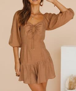 Casual Brown Mini DressDressesmainimage0Summer-Dresses-For-Women-2022-Sweetheart-Neck-Cut-Out-Drawstring-Tie-Vintage-Dress-Puff-Sleeve-Ruffle