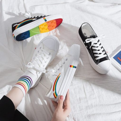 Women’s Canvas Rainbow Breathable SneakersFlatsmainimage0Women-Canvas-Shoes-Rainbow-Flats-Spring-Autumn-2022-Female-Lace-up-White-Sneakers-Casual-Woman-Vulcanized