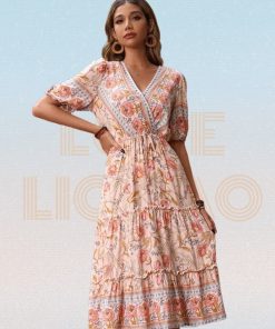 Holiday Chiffon Long Floral DressDressesmainimage0Women-Dress-Summer-2022-Viscose-Bohemian-Print-Dresses-Pink-Stringy-Selvedge-V-neck-Midi-Dress-Ladies