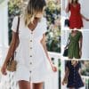 Casual Summer Mini DressDressesmainimage0Women-s-Dress-2021-Spring-Summer-Pure-Color-Single-Row-Buttons-V-Neck-Dress-Women-Slim