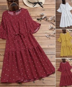 Women’s Polka Dot Cotton Linen DressDressesmainimage0Women-s-round-neck-puff-sleeves-solid-color-with-polka-dots-belt-cotton-and-linen-casual