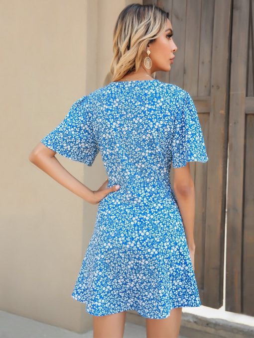 Casual A-line Dress Boho Summer Mini DressDressesmainimage1Blue-Printing-Single-Breasted-Chiffon-Dress-Women-Summer-2022-Floral-Short-Sleeve-V-neck-Casual-A