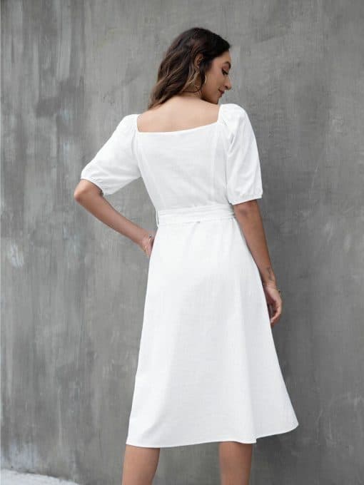 Elegant Square Neck Lantern Sleeve Long DressDressesmainimage1Elegant-Square-Neck-Lantern-Sleeve-Single-Breasted-Front-Knot-Belted-Dress-Women-Summer-Fashion-Office-Lady