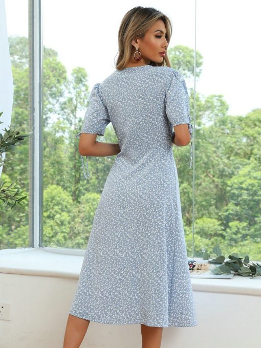 New Puff Sleeve Floral Midi A-line Chiffon Dress – Miggon