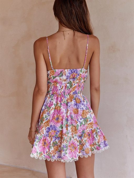Floral Print Mini DressDressesmainimage1Summer-Dress-Women-V-Neck-Tie-Spaghetti-Strap-Floral-Print-Beach-Dress-Lace-Trim-Smocked-Elastic