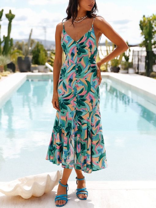 Women’s Tropical Print Vacation Hem DressDressesmainimage1Summer-Dresses-2022-Women-Tropical-Print-Vacation-Beach-Dress-Spaghetti-Strap-Ruffle-Hem-Buttons-Front-Slit