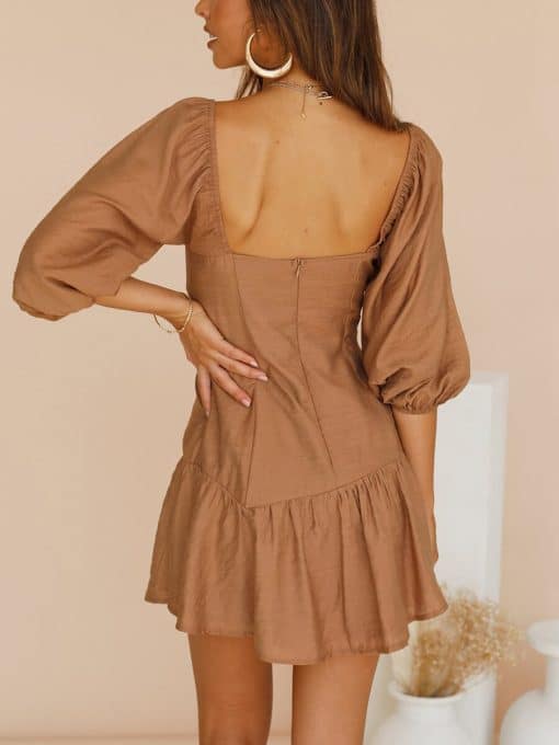 Casual Brown Mini DressDressesmainimage1Summer-Dresses-For-Women-2022-Sweetheart-Neck-Cut-Out-Drawstring-Tie-Vintage-Dress-Puff-Sleeve-Ruffle