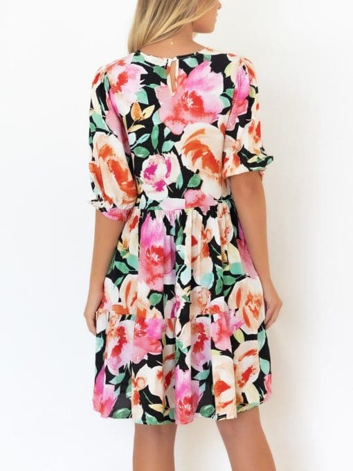 Elegant Vintage Floral Print Mini DressDressesmainimage1Summer-Dresses-For-Women-Clothing-2022-Front-Button-V-Neck-Short-Puff-Sleeve-Loose-Mini-Dress