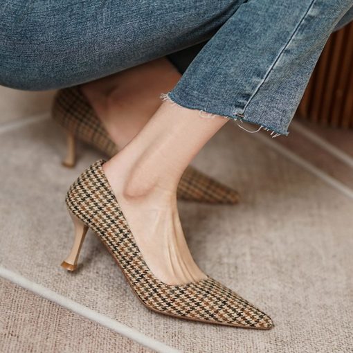 Plaid Fabric High Heel Denim PumpsSandalsmainimage1Women-Dress-Shoes-Plaid-Fabric-High-Heels-Denim-Pumps-Fashion-Stripe-Plaid-Thin-Heels-Pointed-Toe