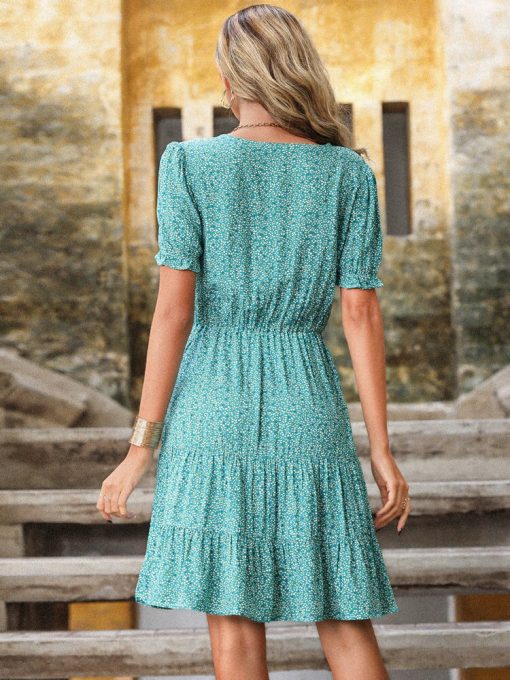 Women’s Green Casual Floral Print Mini DressDressesmainimage1Women-Green-Floral-Dress-Summer-2022-Butterfly-Sleeve-High-Waist-Slim-V-neck-Dress-Viscose-Belt