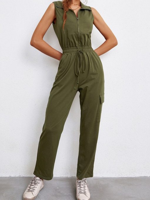 Summer Casual Turn Down Collar JumpsuitsDressesmainimage2Summer-Casual-Jumpsuit-Women-Solid-Zipper-Sleeveless-Lace-Up-Turn-Down-Collor-Pocket-Ladies-Jumpsuit-2022