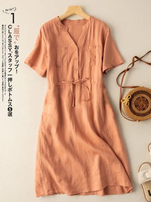 100% Cotton Korean Summer Casual Shirt DressDressesmainimage3100-Cotton-Women-Summer-Casual-Dress-New-Arrival-2022-Simple-Style-Vintage-V-neck-Loose-Ladies