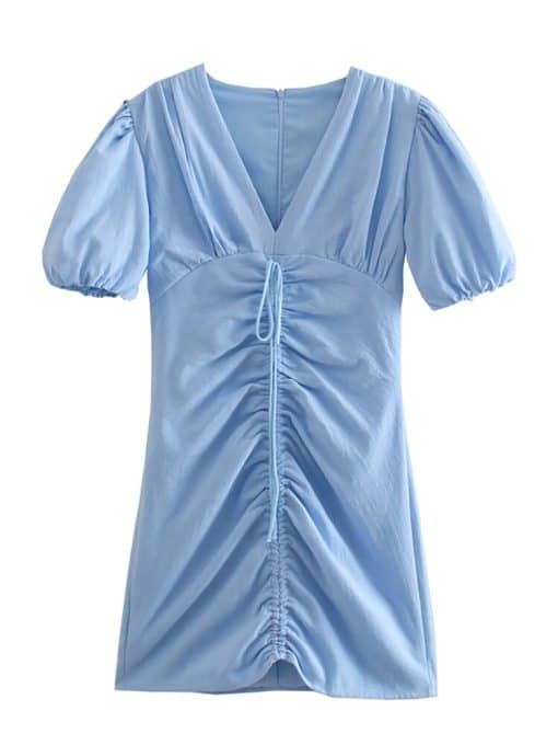 V-Neck Short Puff Sleeve Casual Mini DressDressesmainimage3Summer-Dress-Women-Clothing-2022-V-Neck-Short-Puff-Sleeve-Casual-Mini-Dress-Front-Drawstring-Tie