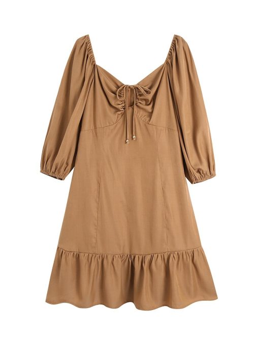 Casual Brown Mini DressDressesmainimage3Summer-Dresses-For-Women-2022-Sweetheart-Neck-Cut-Out-Drawstring-Tie-Vintage-Dress-Puff-Sleeve-Ruffle