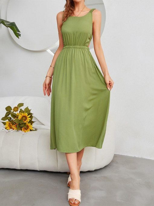 Suspender Backless Green High Waist Long DressDressesmainimage3Suspender-Backless-Green-High-Waist-Long-Dress-2022-New-Summer-Solid-Color-Sleeveless-Large-Swing-Chic
