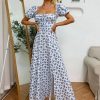 Ditsy Floral Print Puff Sleeve Tie Front High Split DressDressesmainimage4Ditsy-Floral-Print-Puff-Sleeve-Tie-Front-High-Split-Dress-Women-Ruched-Drawstring-Party-Long-Dress