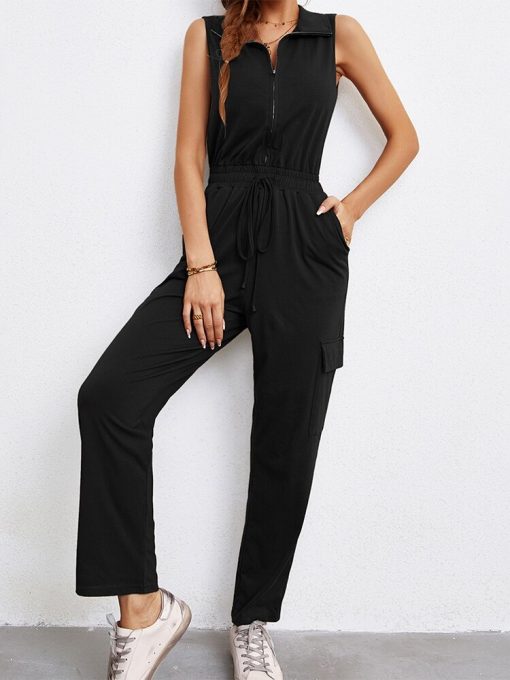 Summer Casual Turn Down Collar JumpsuitsDressesmainimage4Summer-Casual-Jumpsuit-Women-Solid-Zipper-Sleeveless-Lace-Up-Turn-Down-Collor-Pocket-Ladies-Jumpsuit-2022