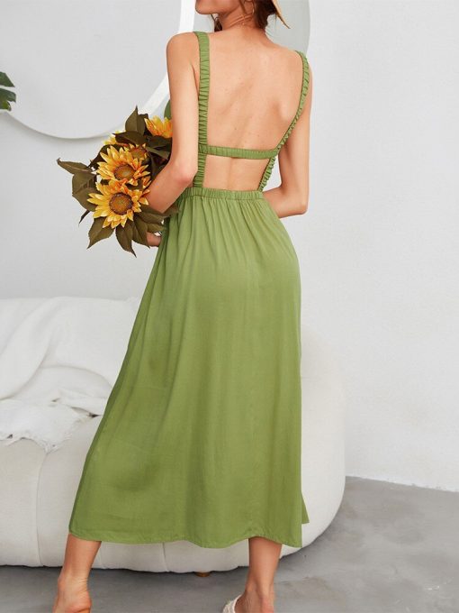 Suspender Backless Green High Waist Long DressDressesmainimage5Suspender-Backless-Green-High-Waist-Long-Dress-2022-New-Summer-Solid-Color-Sleeveless-Large-Swing-Chic
