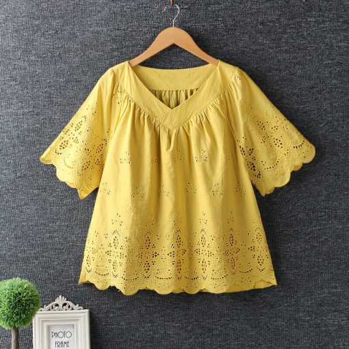 Hollow Out Embroidery V-Neck Short Sleeve BlouseTopsvariantimage05-Colors-Lamtrip-Hollow-Out-Embroidery-V-Neck-Short-Sleeve-Shirt-Blouse-Women-Summer-Mori-Girl
