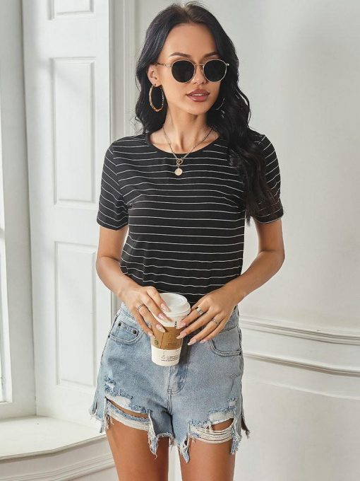 Casual O-neck Striped Women’s T-shirt TopsTopsvariantimage0Classic-Black-White-Striped-Short-Sleeve-Tshirt-Women-Summer-O-neck-Tops-Casual-O-neck-Striped