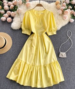 Women’s Yellow Spring Summer DressDressesvariantimage0Croysier-Casual-Dresses-For-Women-2021-Elegant-Ruffle-Hem-Belted-Midi-Dress-Round-Neck-Short-Puff