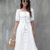 Elegant Square Neck Lantern Sleeve Long DressDressesvariantimage0Elegant-Square-Neck-Lantern-Sleeve-Single-Breasted-Front-Knot-Belted-Dress-Women-Summer-Fashion-Office-Lady