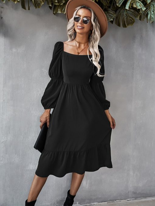 Square Collar Casual Long DressDressesvariantimage0Women-Autumn-Square-Collar-Long-Sleeve-Solid-Color-A-Line-Causal-Dress-Ladies-Fashion-All-Match