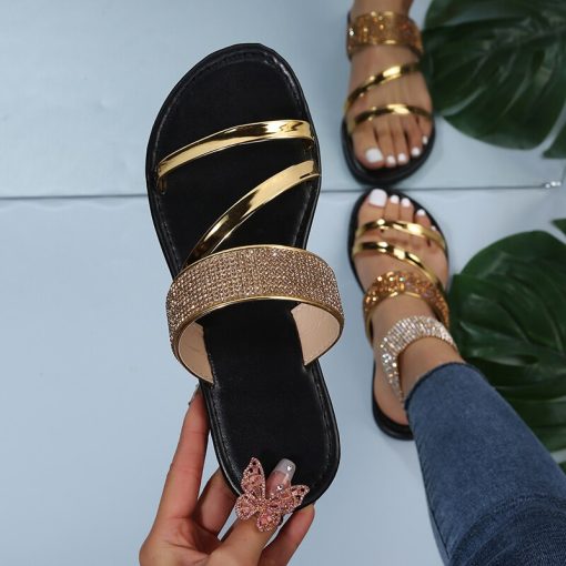 New Women’s Fashion Gold Silver Patent Leather Flat SandalsSandalsvariantimage12022-Summer-New-Women-s-Fashion-Gold-Silver-Patent-Leather-Flat-Heel-Sandals-Bling-Rhinestone-Narrow