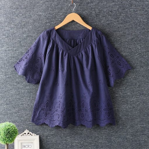 Hollow Out Embroidery V-Neck Short Sleeve BlouseTopsvariantimage15-Colors-Lamtrip-Hollow-Out-Embroidery-V-Neck-Short-Sleeve-Shirt-Blouse-Women-Summer-Mori-Girl