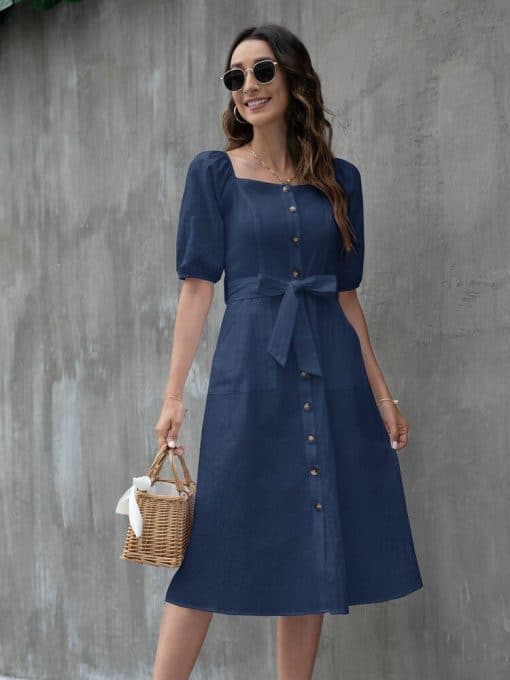 Elegant Square Neck Lantern Sleeve Long DressDressesvariantimage1Elegant-Square-Neck-Lantern-Sleeve-Single-Breasted-Front-Knot-Belted-Dress-Women-Summer-Fashion-Office-Lady