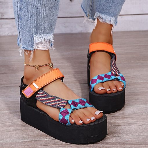 Women’s Thick Sole Multi-Color Gladiator SandalsSandalsvariantimage1Sandals-Women-Summer-New-2022-Platform-Heel-Color-Block-Velcro-Women-s-Sandals-Outdoor-Sport-Beach
