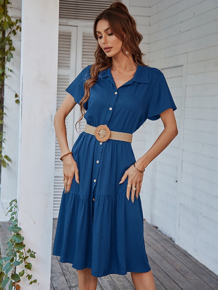 Spring Summer Medium Long Button Dress – Miggon