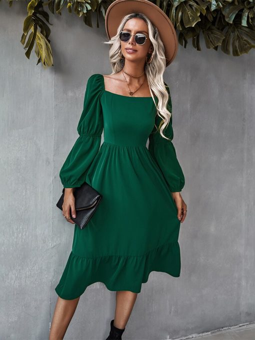 Square Collar Casual Long DressDressesvariantimage1Women-Autumn-Square-Collar-Long-Sleeve-Solid-Color-A-Line-Causal-Dress-Ladies-Fashion-All-Match