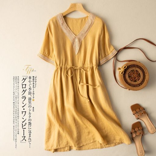 100% Cotton Korean Summer Casual DressDressesvariantimage2100-Cotton-Women-Summer-Casual-Dress-New-Arrival-2022-Vintage-Style-Lace-V-neck-Loose-Ladies