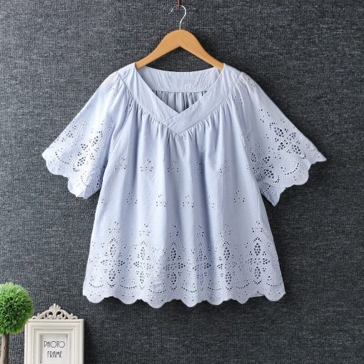 Hollow Out Embroidery V-Neck Short Sleeve BlouseTopsvariantimage25-Colors-Lamtrip-Hollow-Out-Embroidery-V-Neck-Short-Sleeve-Shirt-Blouse-Women-Summer-Mori-Girl