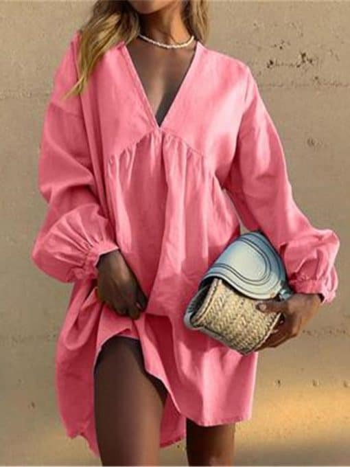 Casual Loose Sexy V-Neck Cotton Linen DressDressesvariantimage2Autumn-Long-Sleeve-Casual-Loose-Dress-Women-Sexy-V-Neck-Cotton-Linen-Blue-Pink-Dress-2022