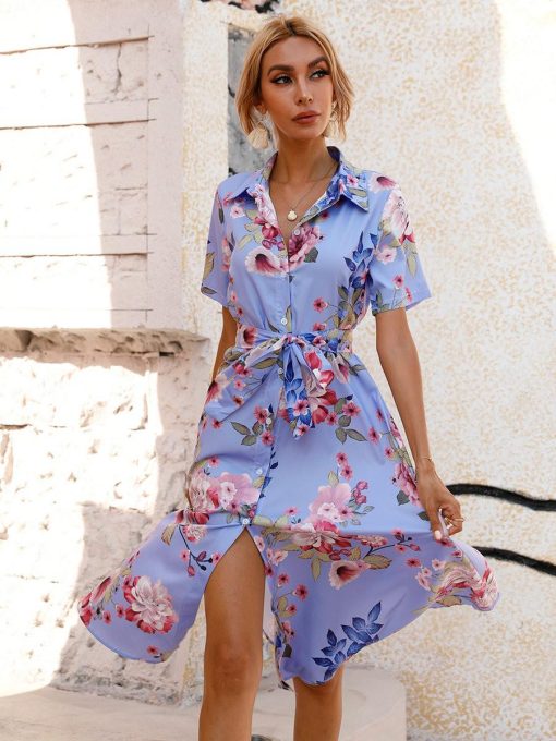 Print Turn-down Collar Short Sleeve Long DressDressesvariantimage2Print-Turn-down-Collar-Short-Sleeved-Long-Dress-Summer-2022-Womens-Lace-up-Single-Breasted-A