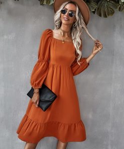 Square Collar Casual Long DressDressesvariantimage2Women-Autumn-Square-Collar-Long-Sleeve-Solid-Color-A-Line-Causal-Dress-Ladies-Fashion-All-Match