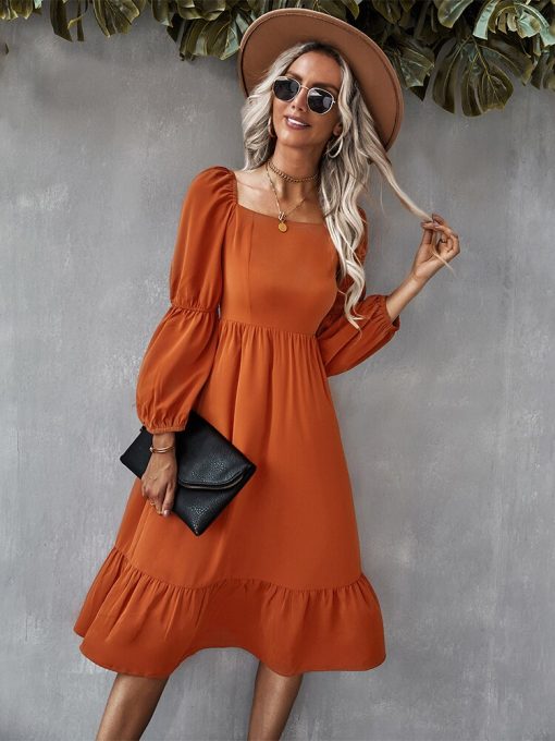 Square Collar Casual Long DressDressesvariantimage2Women-Autumn-Square-Collar-Long-Sleeve-Solid-Color-A-Line-Causal-Dress-Ladies-Fashion-All-Match