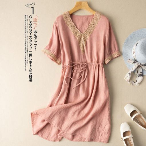 100% Cotton Korean Summer Casual DressDressesvariantimage3100-Cotton-Women-Summer-Casual-Dress-New-Arrival-2022-Vintage-Style-Lace-V-neck-Loose-Ladies