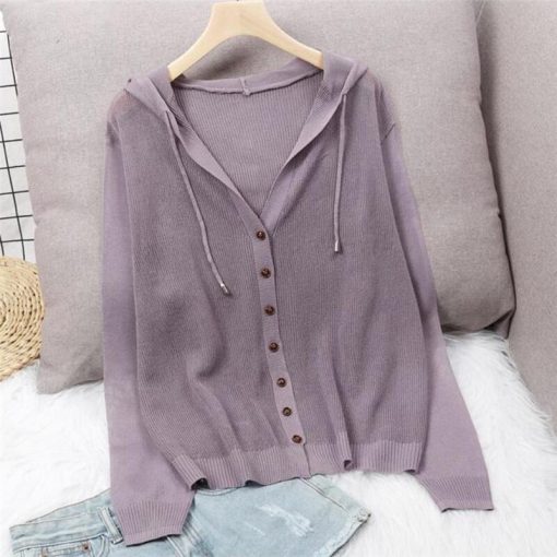 Women’s Loose Knitted Hooded Cardigan SweatshirtsTopsvariantimage3Loose-Knitted-Hooded-Cardigans-For-Women-Summer-Thin-Long-Seeve-Sunscreen-Shirt-Single-Breasted-Solid-Knitwear