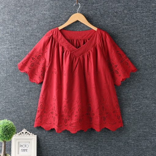 Hollow Out Embroidery V-Neck Short Sleeve BlouseTopsvariantimage45-Colors-Lamtrip-Hollow-Out-Embroidery-V-Neck-Short-Sleeve-Shirt-Blouse-Women-Summer-Mori-Girl