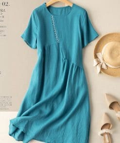 Korean Vintage Style Solid Color Loose A-line Long DressDressesmainimage0100-Cotton-Women-Summer-Casual-Dress-New-Arrival-2022-Vintage-Style-Solid-Color-Loose-Female-A