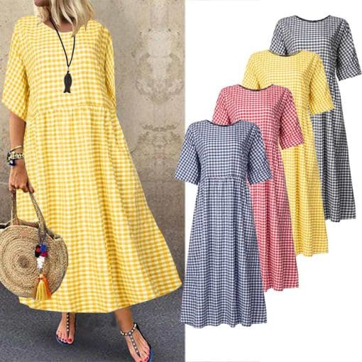 Vintage Plaid Check Casual Short Sleeve Long Maxi Dress – Miggon