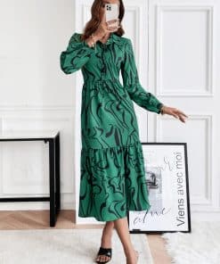 High Waist Floral Print Tunic DressDressesmainimage0Casual-Green-Button-Front-Open-Dress-High-Waist-Print-Tunic-2022-Spring-Autumn-Women-Clothes-Street